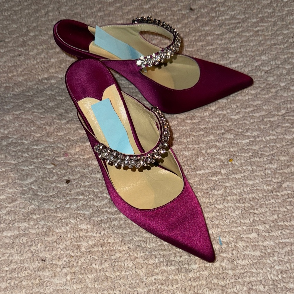 Jimmy Choo Inspired Fuchsia Satin Heels With Crystal Embellishments NEW